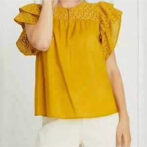 NEW A New Day Women’s Top Medium Mustard Yellow Cotton Eyelet Ruffle Sleeve